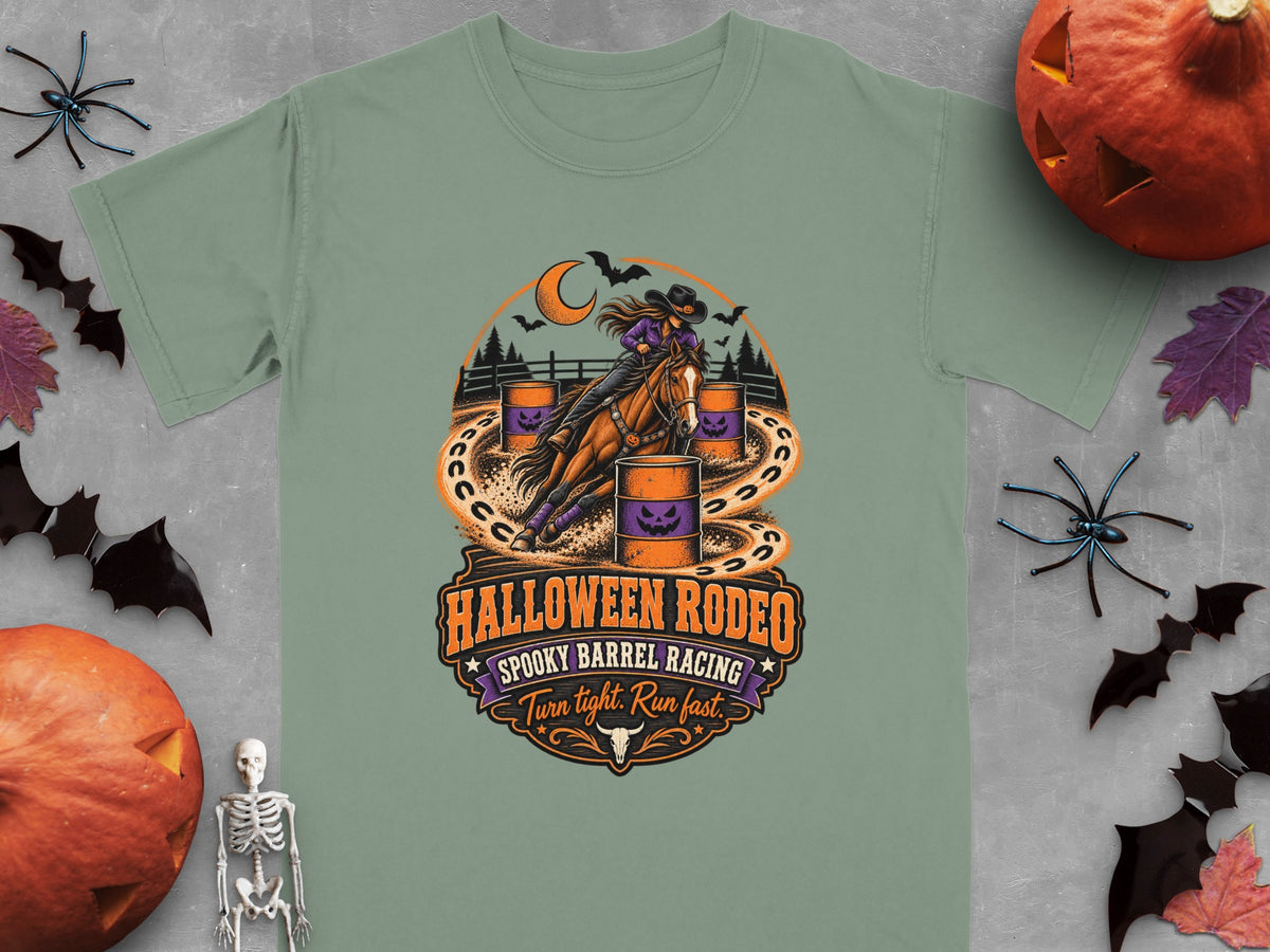 Cowgirl in Halloween Rodeo barrel race. Spooky barrel racing, turn tight, run fast.