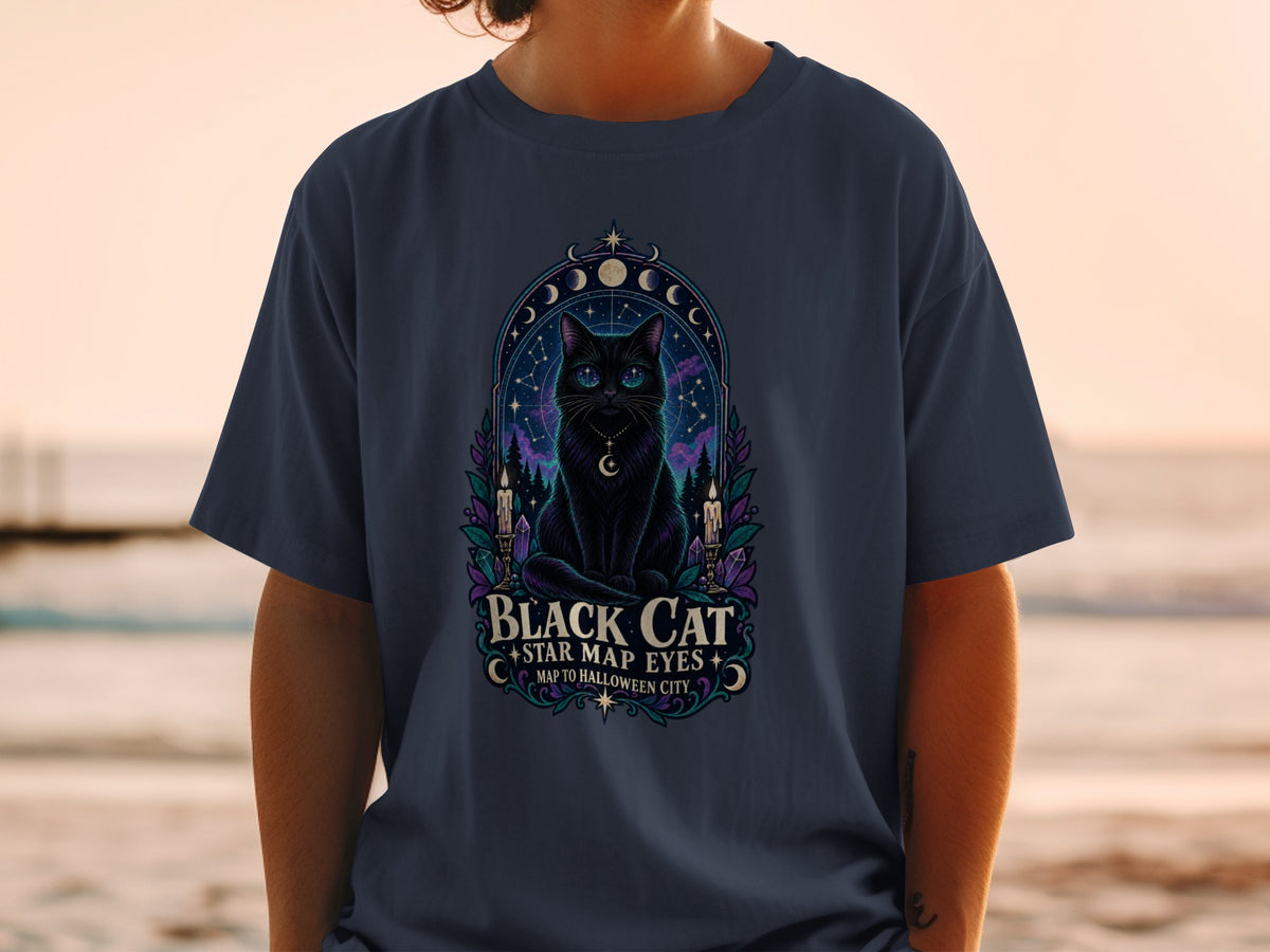 Black cat with celestial elements and text "Black Cat Star Map Eyes Map To Halloween City."
