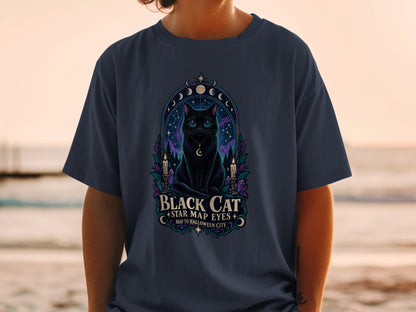 Black cat with celestial elements and text "Black Cat Star Map Eyes Map To Halloween City."