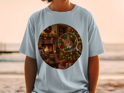 Orange tabby cat in Christmas tree, viewed through magnifying glass, in festive room scene.