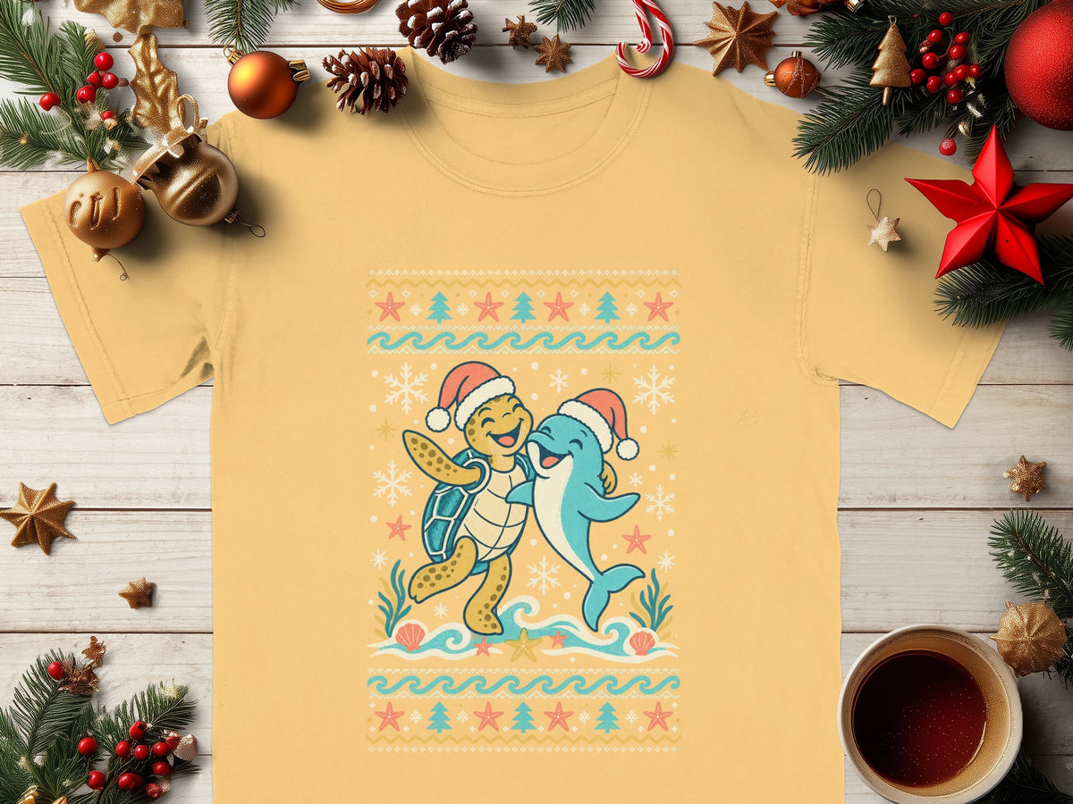 Yellow t-shirt with a cartoon turtle and dolphin wearing Santa hats and a beach-themed ugly Christmas sweater pattern.