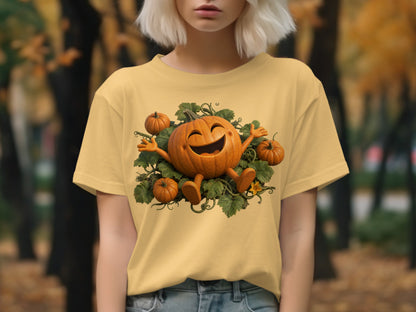 Yellow t-shirt with a cartoon jack-o'-lantern and pumpkins graphic.