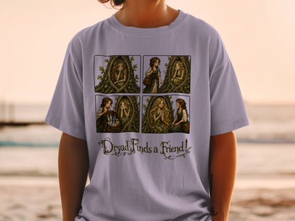 Comic strip showing a dryad and a friend, text "Dryad Finds a Friend!"