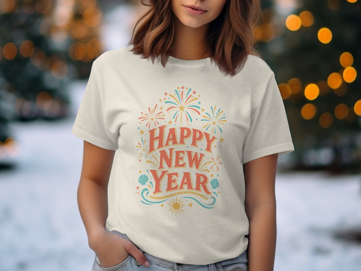 T-shirt with "Happy New Year" text and fireworks graphic.