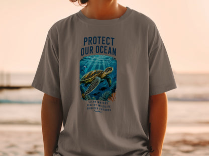 T-shirt with "Protect Our Ocean" graphic, sea turtle, and ocean text.