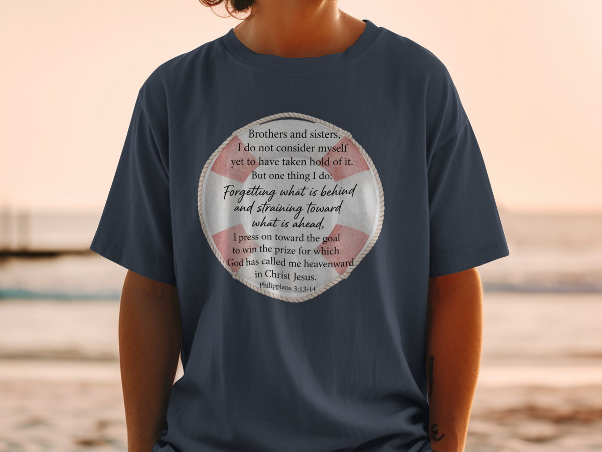 Navy t-shirt with Bible verse from Philippians 3:13-14 inside a life preserver.