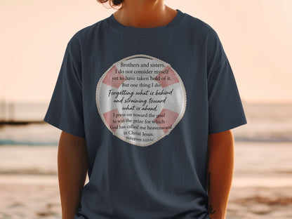 Navy t-shirt with Bible verse from Philippians 3:13-14 inside a life preserver.