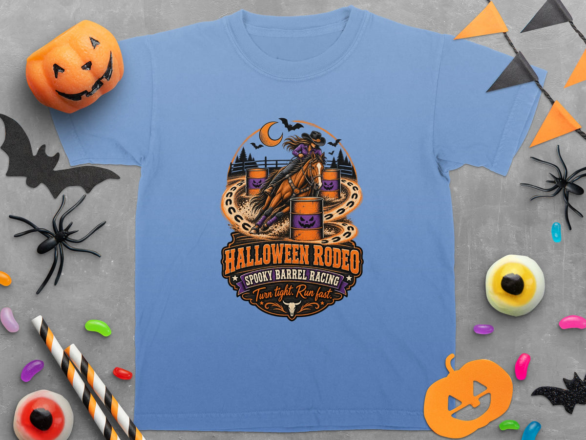 Halloween Rodeo spooky barrel racing graphic with rider on horse.