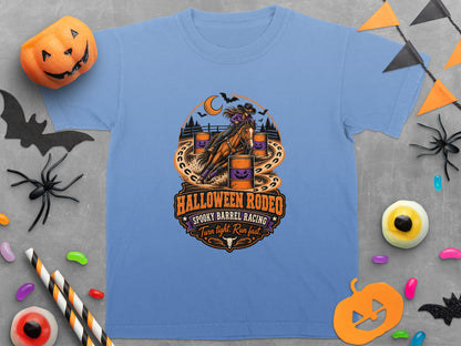 Halloween Rodeo spooky barrel racing graphic with rider on horse.