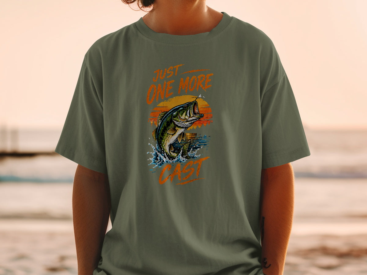 T-shirt with graphic of jumping bass and text "Just One More Cast."