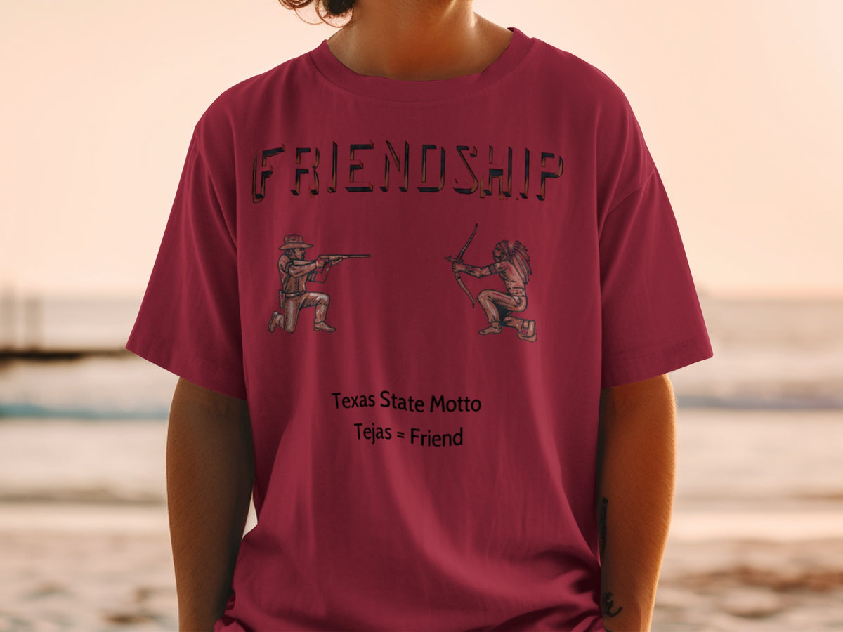 Maroon t-shirt with "Friendship" text, a rifleman, and an archer.