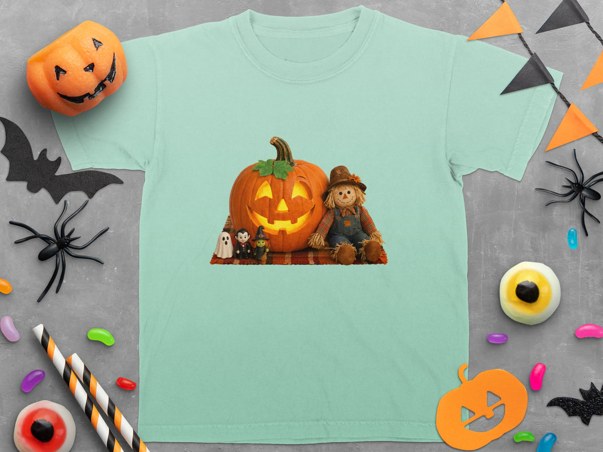 T-shirt with a Halloween graphic of a jack-o'-lantern, scarecrow, and spooky figures.