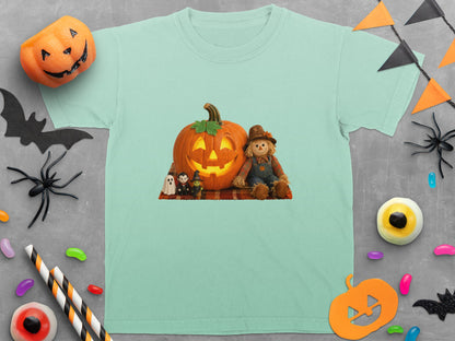 T-shirt with a Halloween graphic of a jack-o'-lantern, scarecrow, and spooky figures.