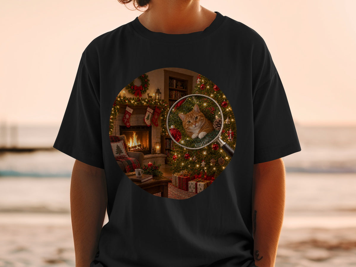 Cat in Christmas tree viewed through magnifying glass on a black t-shirt.