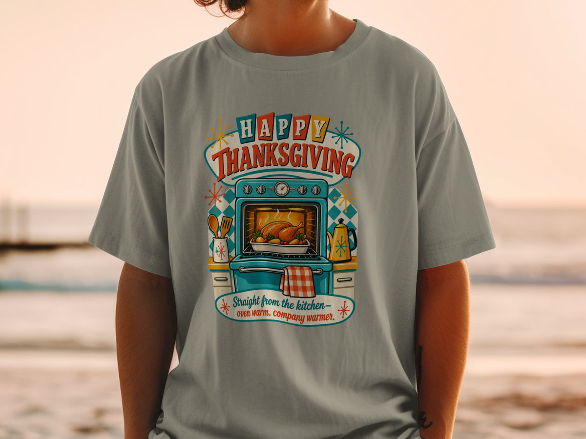 Happy Thanksgiving text above a turkey in a retro oven illustration.