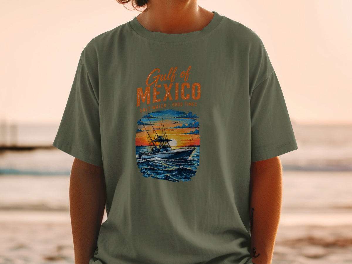 Gulf of Mexico graphic with fishing boat at sunset, "Salt Water Good Times" text.