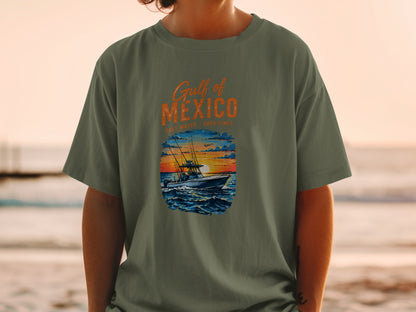Gulf of Mexico graphic with fishing boat at sunset, "Salt Water Good Times" text.
