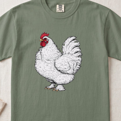 An olive green crewneck t-shirt featuring a detailed illustration of a white rooster on the chest.