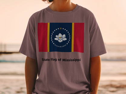 T-shirt featuring the Mississippi State Flag with "In God We Trust" text.