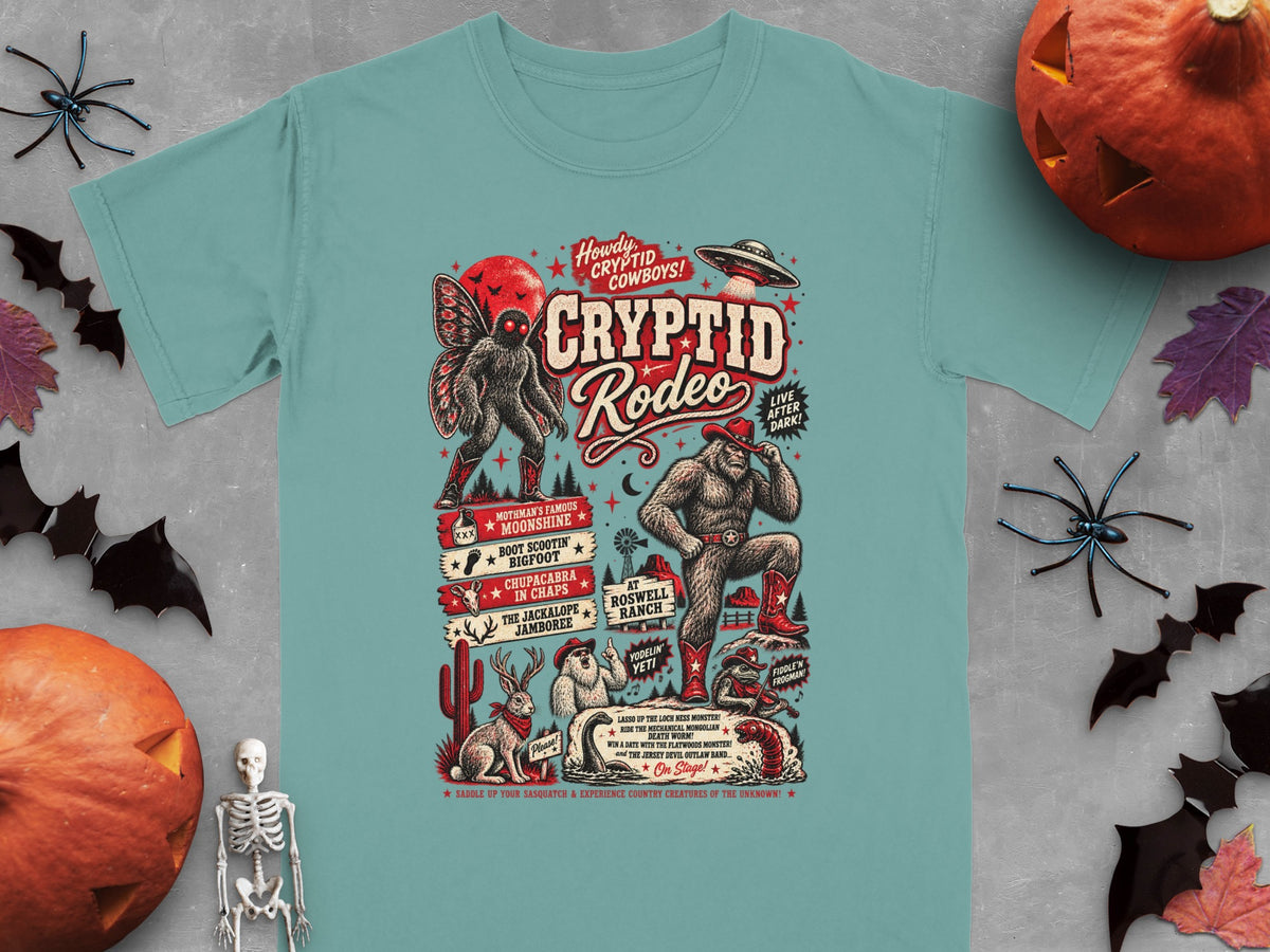 "Cryptid Rodeo" graphic tee with Bigfoot, mothman, jackalope, UFO, and other cryptids.