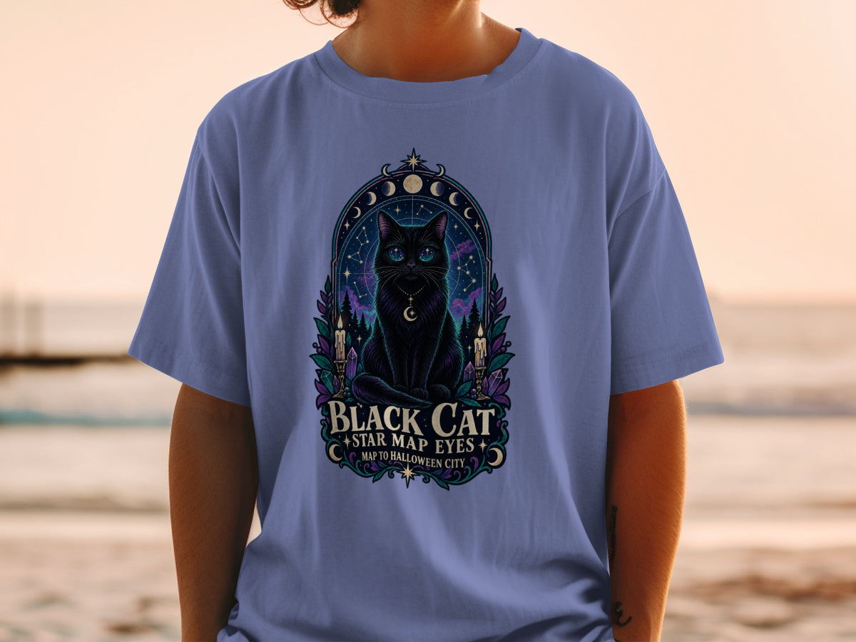 Black cat with star map eyes, text "Black Cat Map to Halloween City".