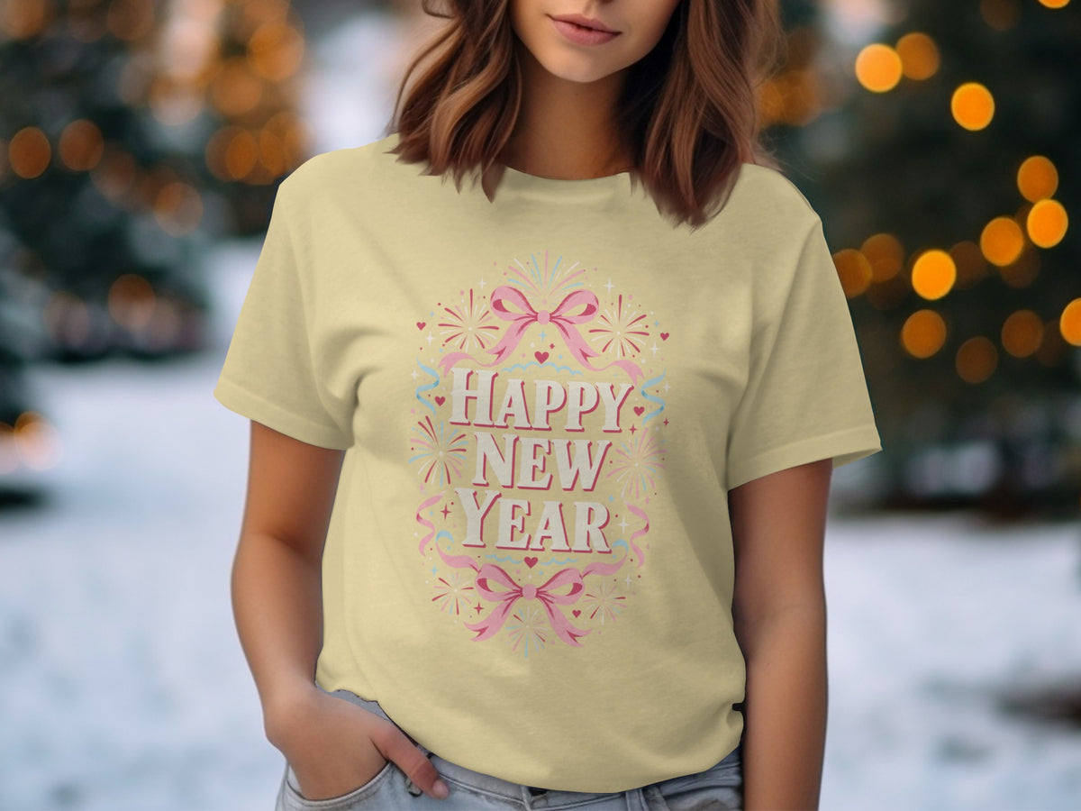 Yellow t-shirt with "Happy New Year" text, pink bow, and fireworks graphic.