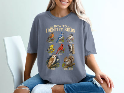 T-shirt graphic "How to Identify Birds" with illustrations of various birds and a squirrel.