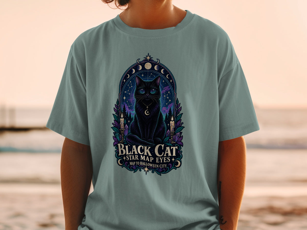 Black cat with star map eyes and crescent moon necklace, surrounded by celestial elements.