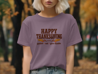 Purple t-shirt with "Happy Thanksgiving" and "gather eat give thanks" text.