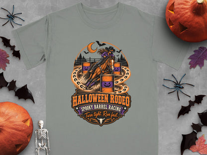 Grey t-shirt with "Halloween Rodeo Spooky Barrel Racing" graphic of a cowgirl and horse.