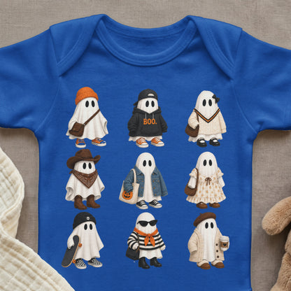 Nine illustrated ghosts in various Halloween-themed outfits and accessories on a blue onesie.