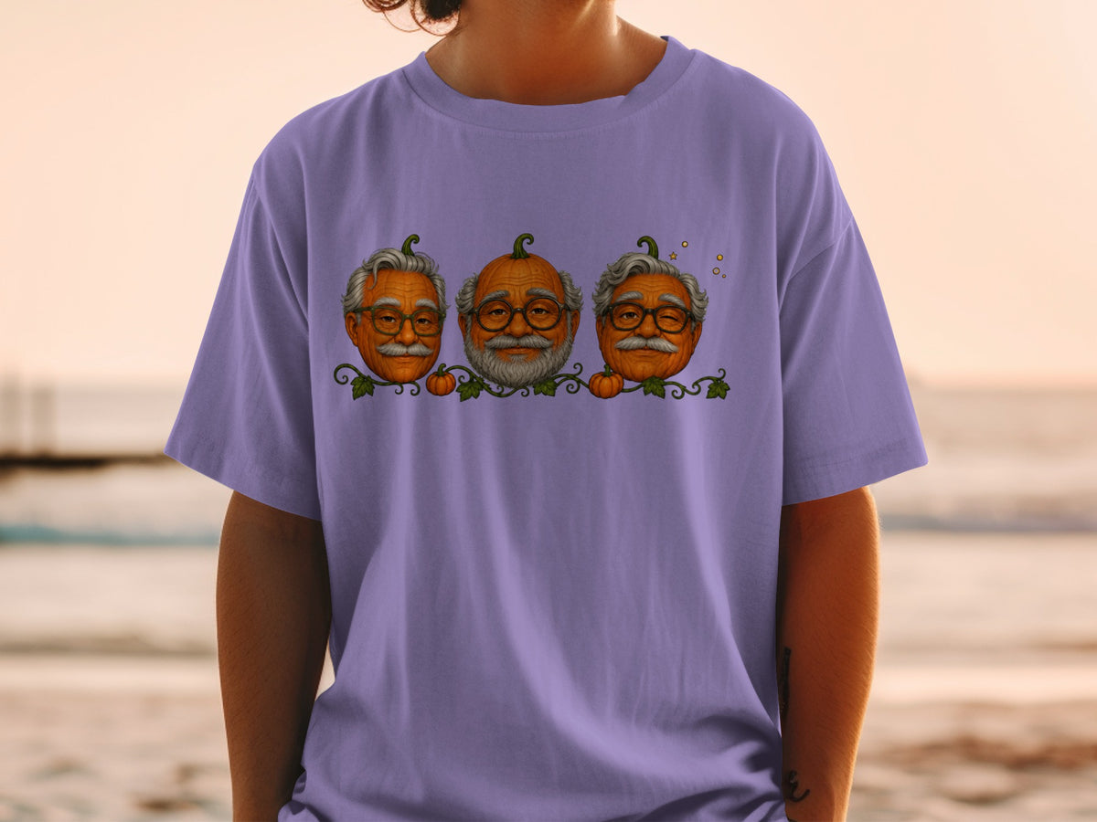 Three pumpkins with elderly faces wearing glasses and mustaches.