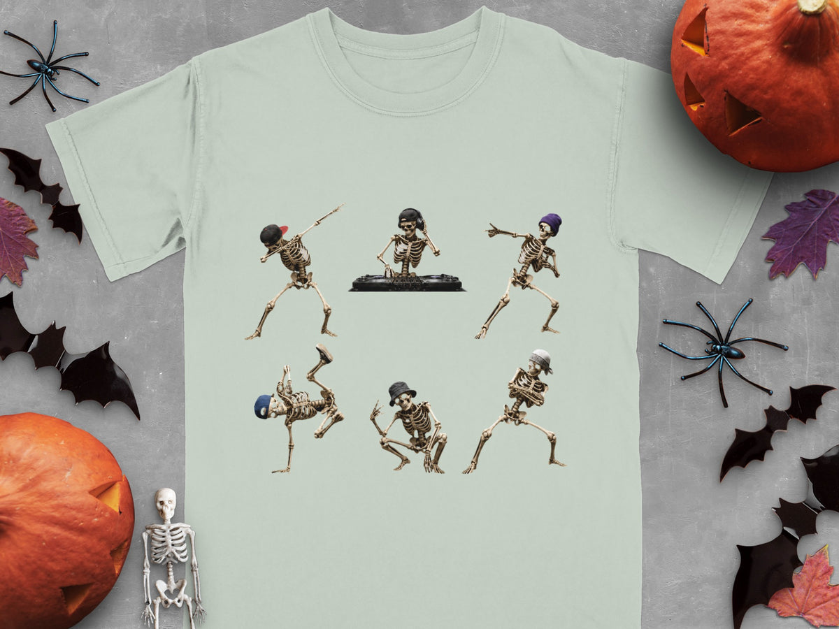 Six dancing skeletons in various poses wearing hats.