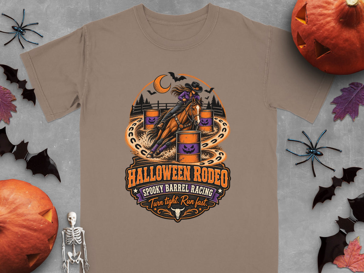 T-shirt with Halloween Rodeo spooky barrel racing graphic and text.