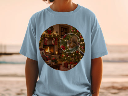 Magnifying glass focuses on squirrel near Christmas tree and fireplace in cozy room.