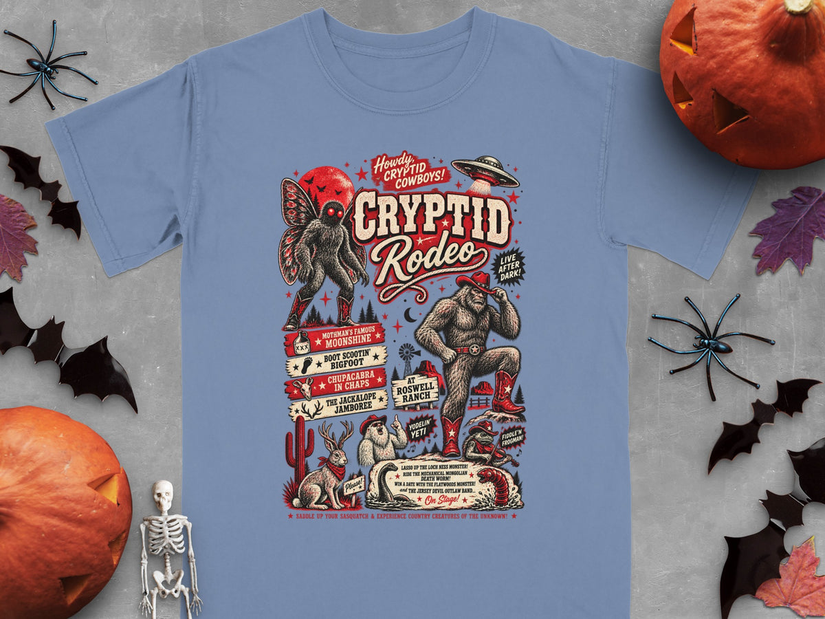 Cryptid Rodeo graphic tee featuring Bigfoot, Mothman, Jackalope, and other cryptids.