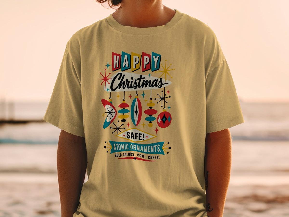 T-shirt with "Happy Christmas Atomic Ornaments" design in retro style.