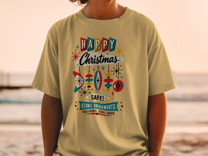 T-shirt with "Happy Christmas Atomic Ornaments" design in retro style.