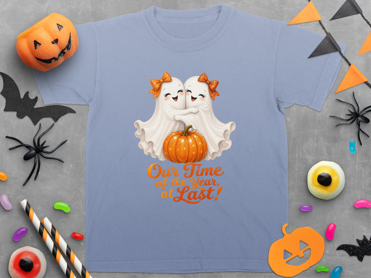 Light blue t-shirt with two hugging ghosts and the text "Our Time of the Year, at Last!".