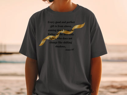 Dark grey t-shirt with gold ribbon and James 1:17 Bible verse.