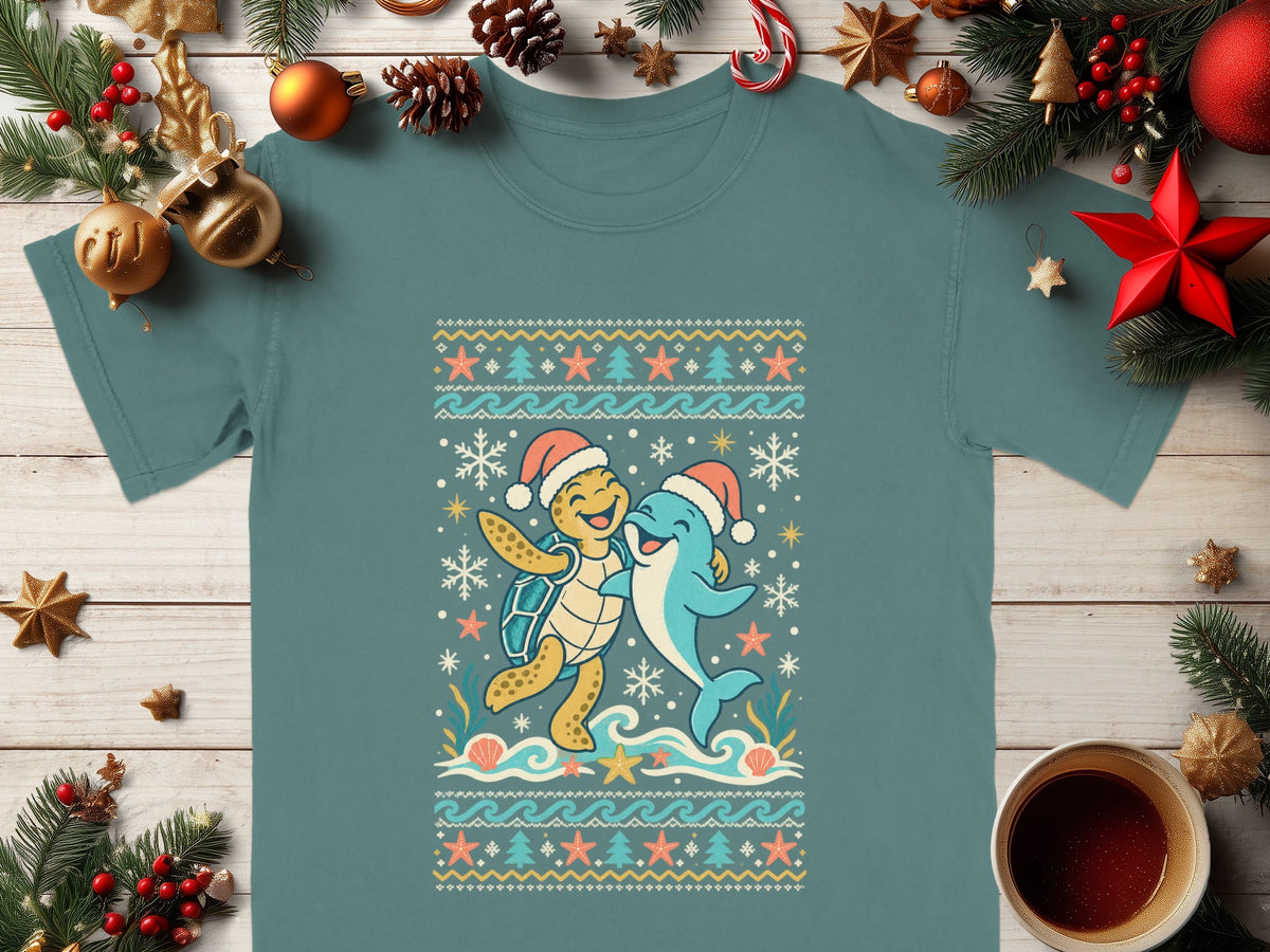 Turtle and dolphin in Santa hats with winter sea theme pattern on a teal shirt.