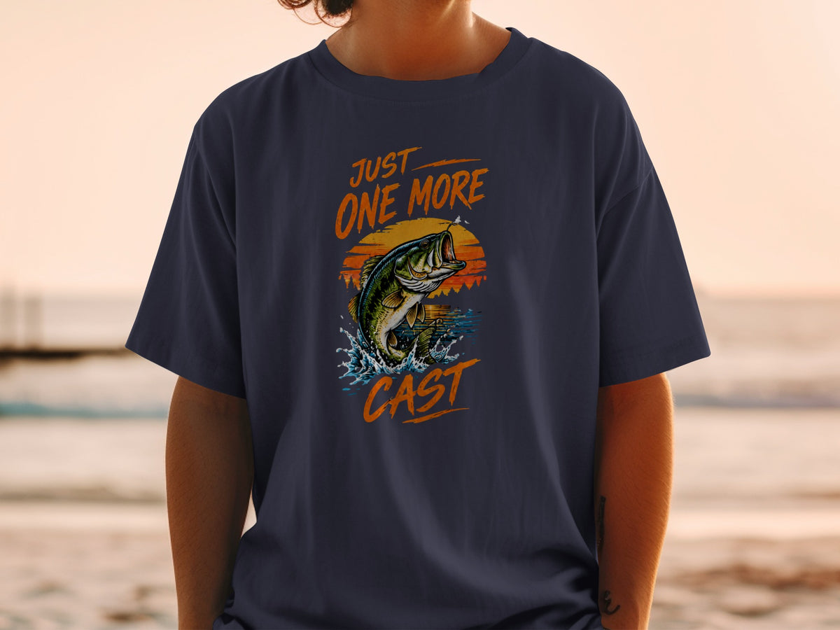 Navy t-shirt with "JUST ONE MORE CAST" text and jumping bass graphic.