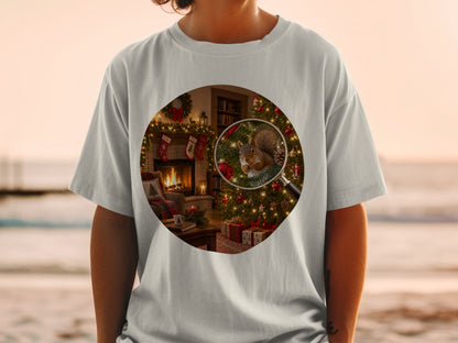 Magnifying glass focuses on squirrel near Christmas tree and fireplace with gifts.
