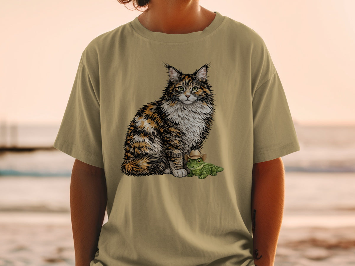 A person wearing a tan t-shirt featuring an illustration of a fluffy calico cat and a small alligator wearing a cowboy hat.