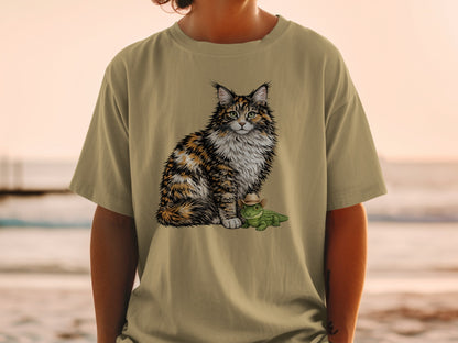 A person wearing a tan t-shirt featuring an illustration of a fluffy calico cat and a small alligator wearing a cowboy hat.
