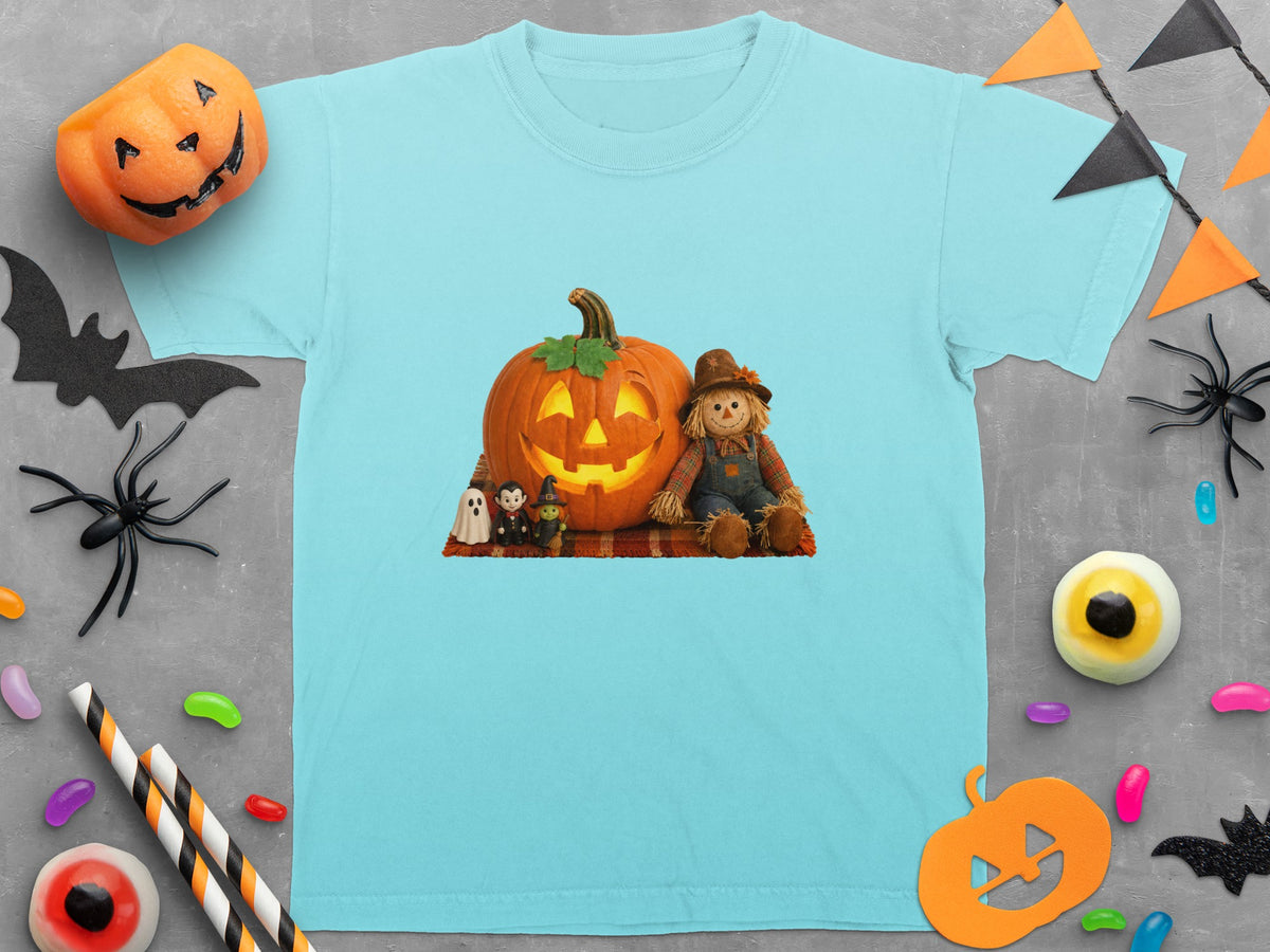 Light blue t-shirt with jack-o'-lantern and scarecrow Halloween graphic.