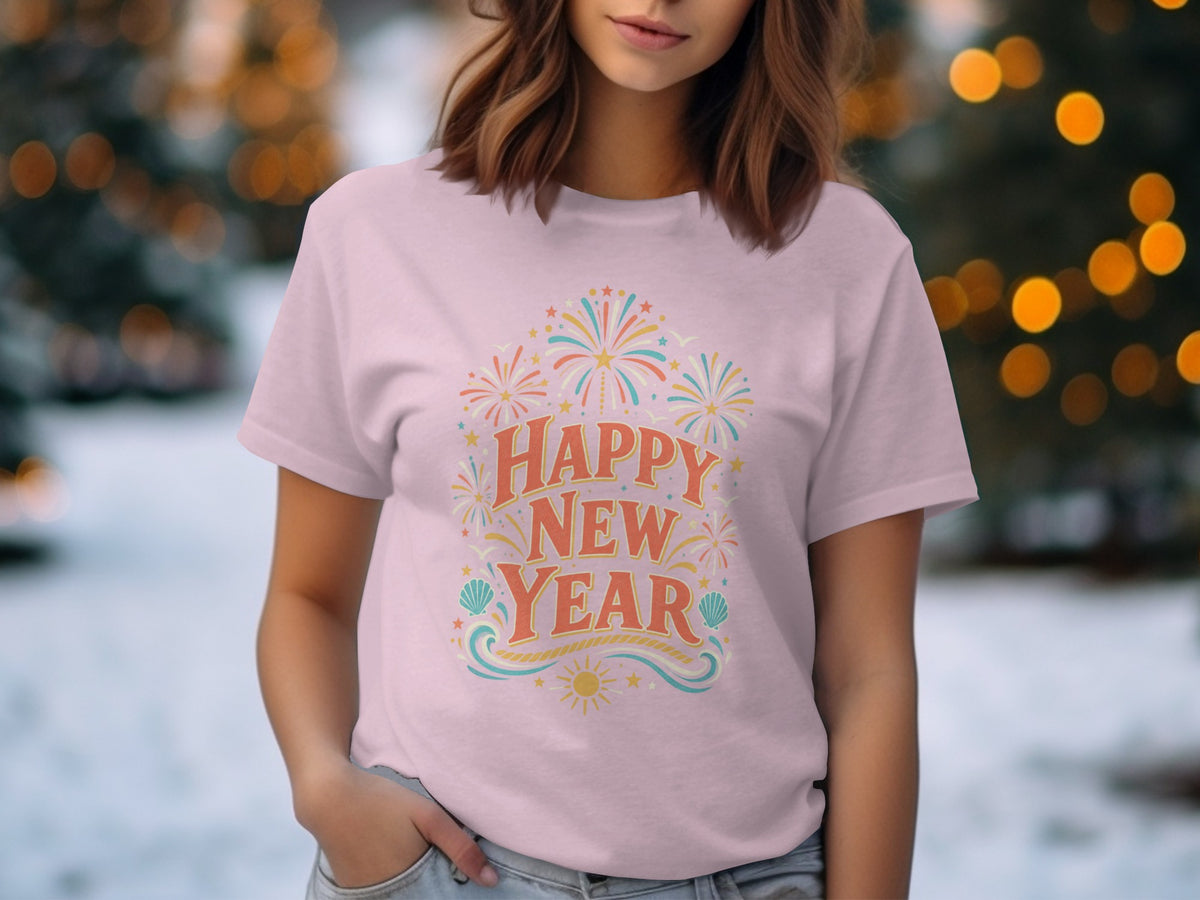 Pink t-shirt with "Happy New Year" text and colorful fireworks design.