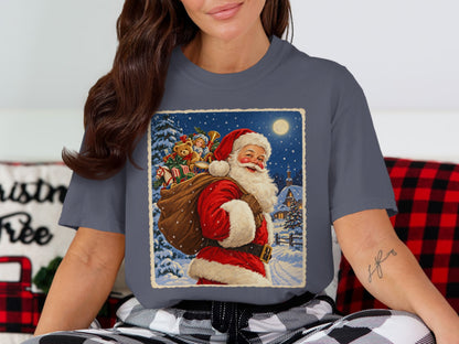 Vintage Santa Claus with toy-filled sack on snowy village path under moonlit sky.