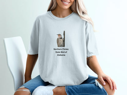 T-shirt with Northern Flicker, State Bird of Alabama illustration and text.
