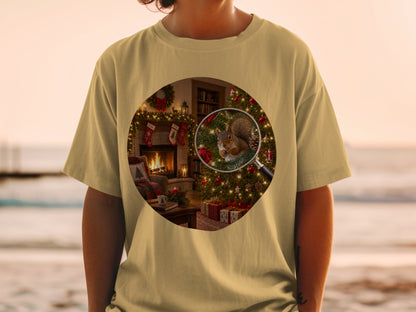 Magnifying glass focuses on squirrel eating nuts in front of a Christmas tree and fireplace.